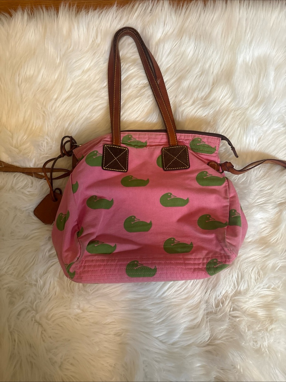 Dooney & Bourke Pink Canvas Tote with Green Duck Motif and Brown Leather Trim